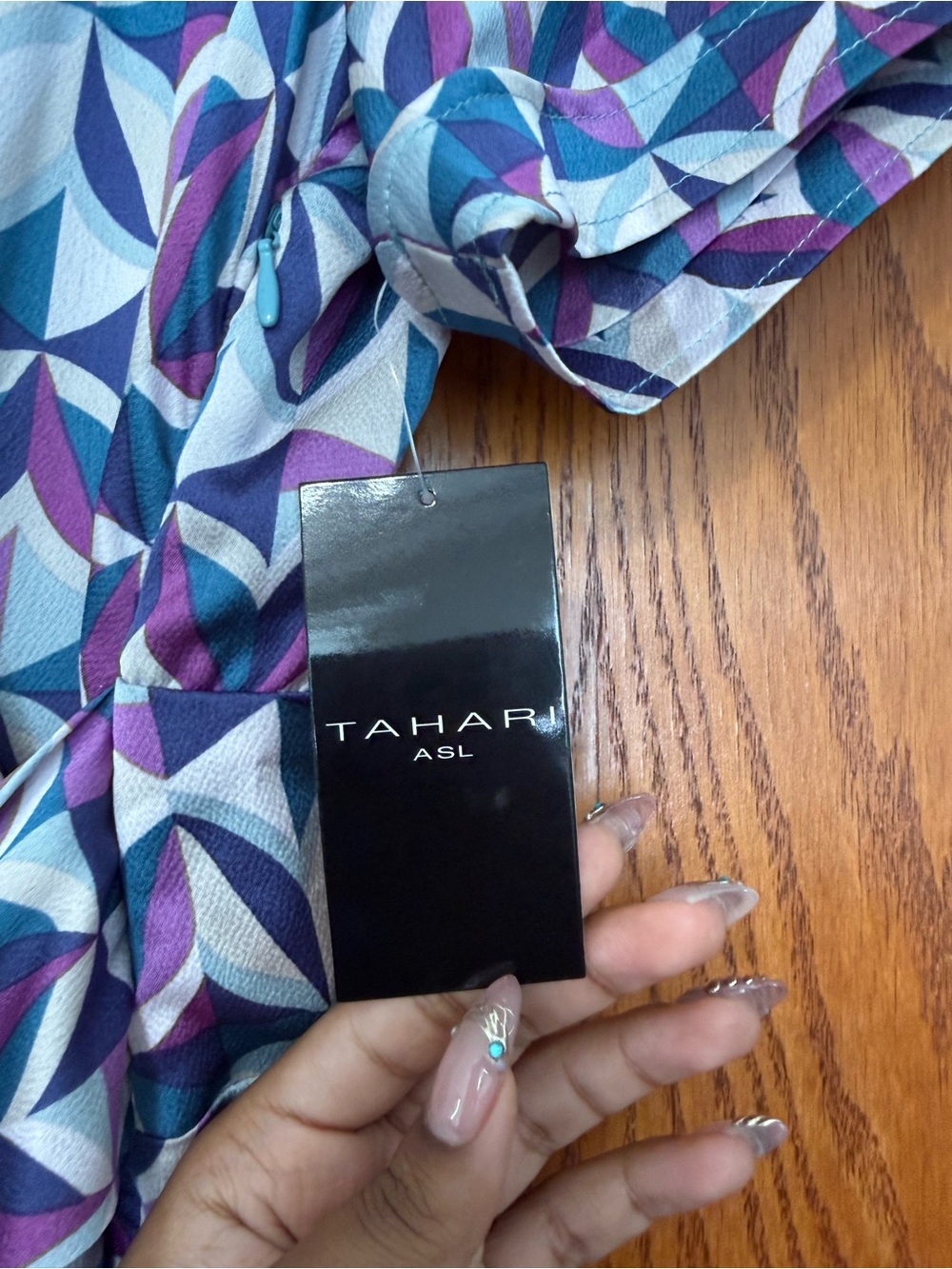 Tahari ASL Geometric Print Wrap Maxi Dress in Purple, Blue & White - Picture 3 of 8